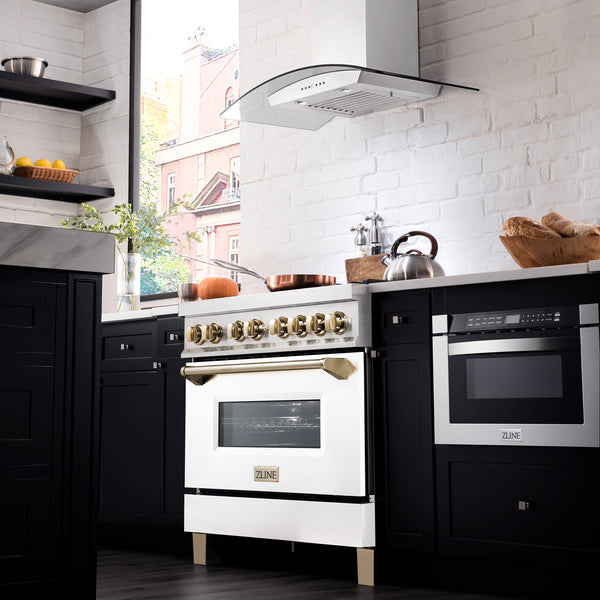 ZLINE Autograph Edition 36 in. 4.6 cu. ft. Legacy Dual Fuel Range with 6 Burner Gas Cooktop and Electric Convection Oven in Satin Stainless Steel with White Matte Door and Polished Gold Accents (RASZ-WM-36-G)