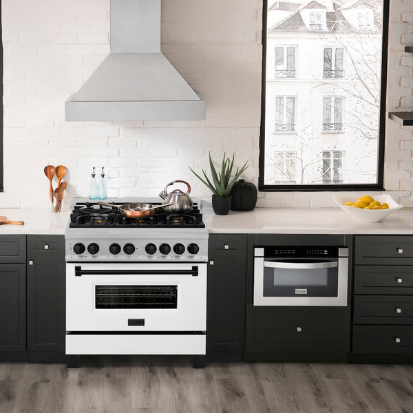 ZLINE Autograph Edition 36 in. 4.6 cu. ft. Legacy Dual Fuel Range with 6 Burner Gas Cooktop and Electric Convection Oven in Satin Stainless Steel with White Matte Door and Matte Black Accents, Open Box-Good Condition