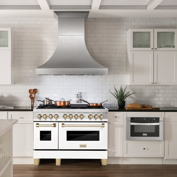 ZLINE Autograph Edition 48 in. 6.0 cu. ft. Legacy Dual Fuel Range with 7 Burner Gas Cooktop and 2 Electric Ovens in Satin Stainless Steel with White Matte Doors and Polished Gold Accents, Open Box-Great Condition