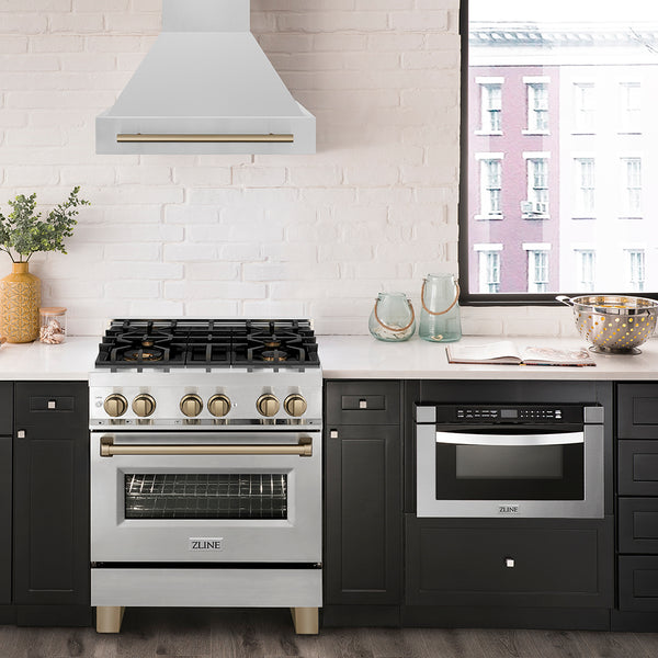 ZLINE Autograph Edition 30 in. 4.0 cu. ft. Legacy Dual Fuel Range with 4 Burner Gas Cooktop and Electric Convection Oven in Stainless Steel and Champagne Bronze Accents, Open Box-Great Condition