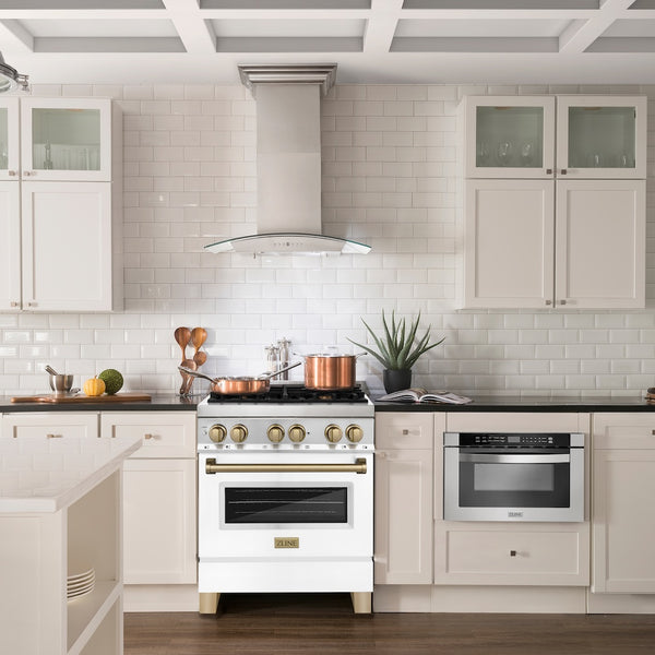 ZLINE Autograph Edition 30 in. 4.0 cu. ft. Legacy Dual Fuel Range with 4 Burner Gas Cooktop and Electric Convection Oven in Stainless Steel with White Matte Door and Champagne Bronze Accents, Open Box-Great Condition