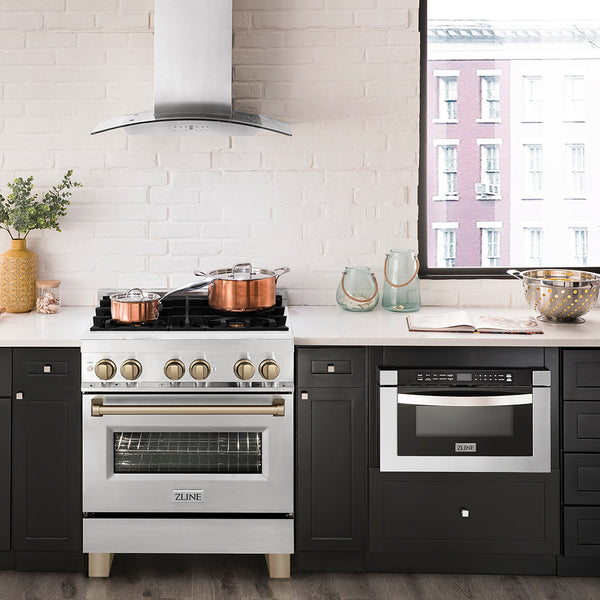 ZLINE Autograph Edition 30 in. 4.0 cu. ft. Legacy Dual Fuel Range with 4 Burner Gas Cooktop and Electric Convection Oven in Stainless Steel and Champagne Bronze Accents, Open Box-Good Condition