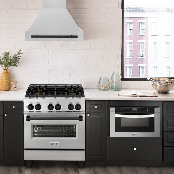 ZLINE Autograph Edition 30 in. 4.0 cu. ft. Legacy Dual Fuel Range with 4 Burner Gas Cooktop and Electric Convection Oven in Stainless Steel and Matte Black Accents, Open Box-Great Condition