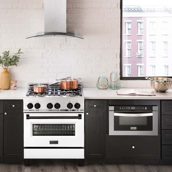 ZLINE Autograph Edition 30 in. 4.0 cu. ft. Legacy Dual Fuel Range with 4 Burner Gas Cooktop and Electric Convection Oven in Stainless Steel with White Matte Door and Matte Black Accents, Open Box-Great Condition