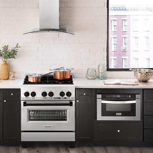 ZLINE Autograph Edition 30 in. 4.0 cu. ft. Legacy Dual Fuel Range with 4 Burner Gas Cooktop and Electric Convection Oven in Stainless Steel and Matte Black Accents, Open Box-Good Condition