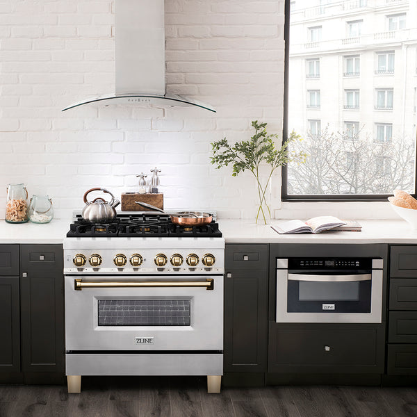 ZLINE Autograph Edition 36 in. 4.6 cu. ft. Legacy Dual Fuel Range with 6 Burner Gas Cooktop and Electric Convection Oven in Stainless Steel and Polished Gold Accents, Open Box-Great Condition