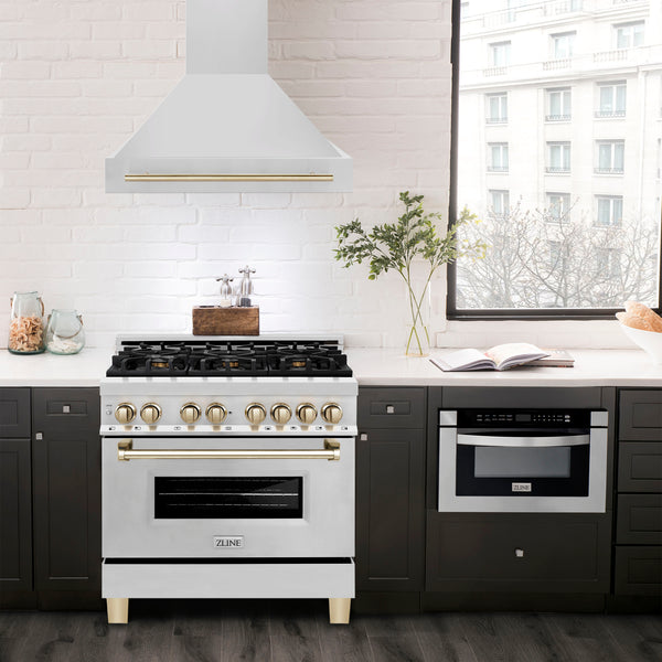 ZLINE Autograph Edition 36" Stainless Steel Range Hood with Stainless Steel Shell and Polished Gold Handle (8654STZ-36-G)