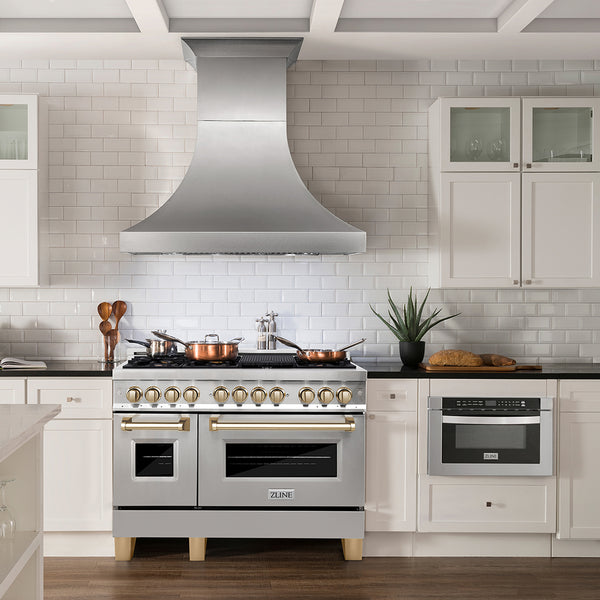 ZLINE Autograph Edition 48 in. 6.0 cu. ft. Legacy Dual Fuel Range with 7 Burner Gas Cooktop and 2 Electric Ovens in Stainless Steel and Polished Gold Accents, Open Box-Great Condition