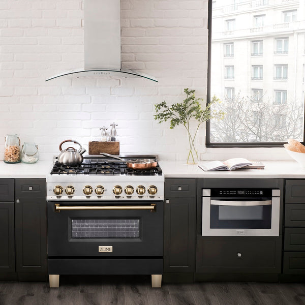 ZLINE Autograph Edition 36 in. 4.6 cu. ft. Legacy Dual Fuel Range with 6 Burner Gas Cooktop and Electric Convection Oven in Stainless Steel with Black Matte Door and Polished Gold Accents, Open Box-Good Condition