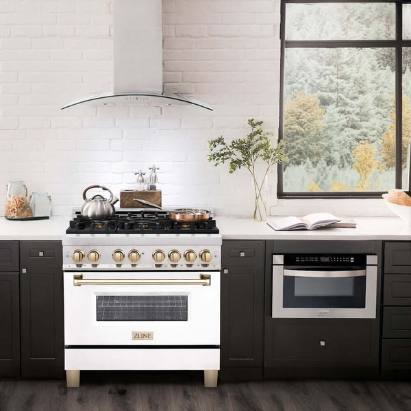 ZLINE Autograph Edition 36 in. 4.6 cu. ft. Legacy Dual Fuel Range with 6 Burner Gas Cooktop and Electric Convection Oven in Stainless Steel with White Matte Door and Polished Gold Accents, Open Box-Good Condition