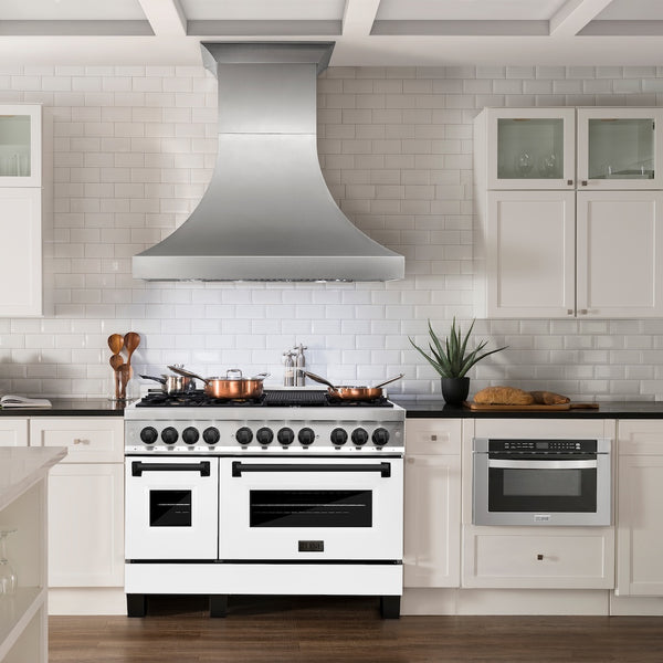 ZLINE Autograph Edition 48 in. 6.0 cu. ft. Legacy Dual Fuel Range with 7 Burner Gas Cooktop and 2 Electric Ovens in Stainless Steel with White Matte Doors and Matte Black Accents, Open Box-Great Condition