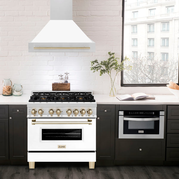 ZLINE Autograph Edition 36" Stainless Steel Range Hood with White Matte Shell and Polished Gold Handle (8654STZ-WM36-G)