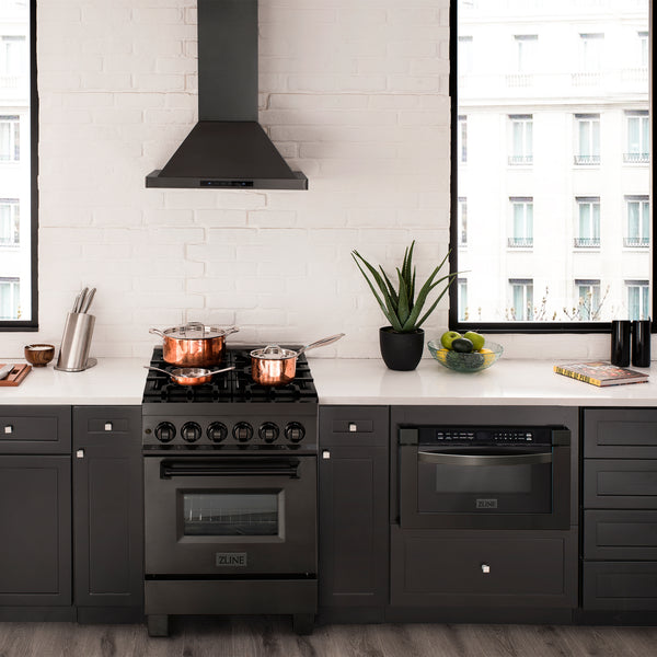 ZLINE 24 in. 2.8 cu. ft. Legacy Dual Fuel Range with Gas Cooktop and Electric Convection Oven in Black Stainless Steel with 4 Brass Burners, Open Box-Great Condition