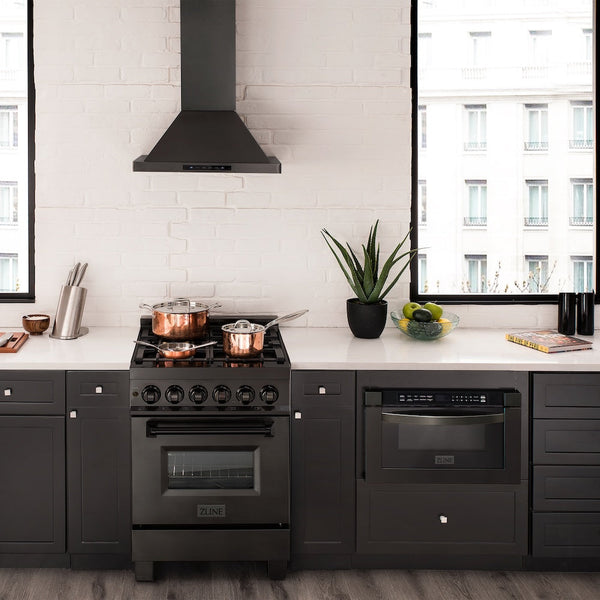ZLINE 24 in. 2.8 cu. ft. Legacy Dual Fuel Range with 4 Burner Gas Cooktop and Electric Convection Oven in Black Stainless Steel, Open Box-Good Condition