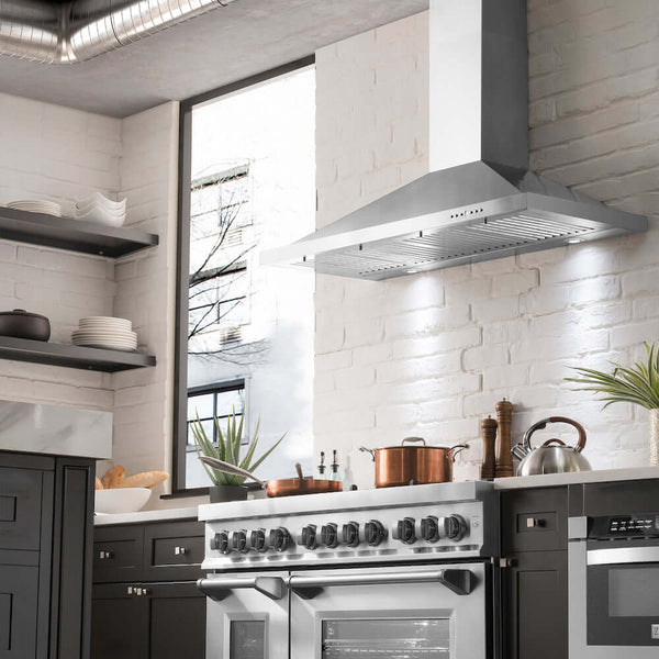 ZLINE 48 in. Convertible Vent Wall Mount Range Hood in Stainless Steel, Handle Open Box-Good Condition