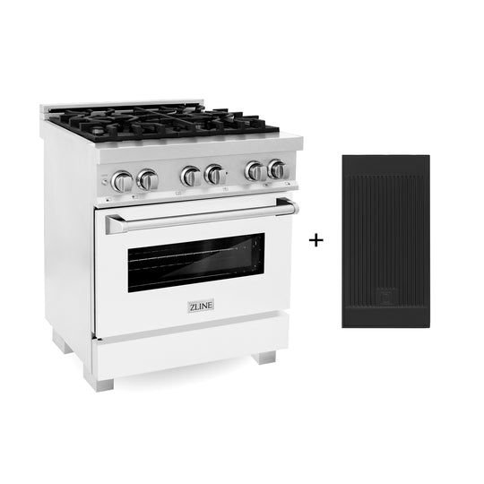 ZLINE 30 in. 4.0 cu. ft. Legacy Dual Fuel Range with 4 Burner Gas Cooktop and Electric Convection Oven in Satin Stainless Steel with White Matte Door and Griddle (RAS-WM-GR-30)