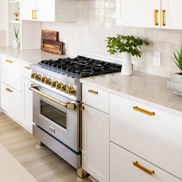 ZLINE Autograph Edition 36 in. 4.6 cu. ft. Legacy Dual Fuel Range with 6 Burner Gas Cooktop and Electric Convection Oven in Stainless Steel and Polished Gold Accents, Open Box-Great Condition