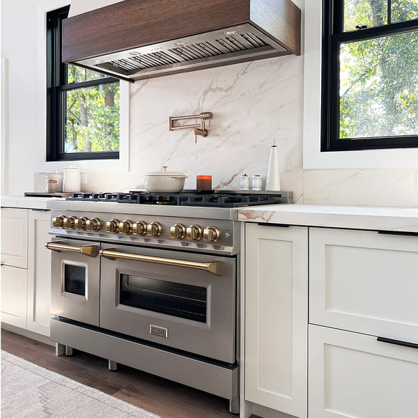 ZLINE Autograph Edition 48 in. 6.0 cu. ft. Legacy Dual Fuel Range with 7 Burner Gas Cooktop and 2 Electric Ovens in Stainless Steel and Champagne Bronze Accents, Open Box-Great Condition
