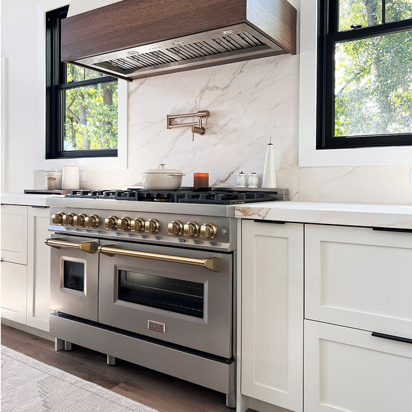 ZLINE Autograph Edition 48 in. 6.0 cu. ft. Legacy Dual Fuel Range with 7 Burner Gas Cooktop and 2 Electric Ovens in Stainless Steel and Champagne Bronze Accents, Open Box-Good Condition