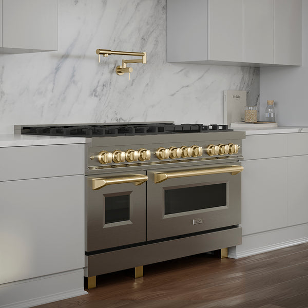 ZLINE Autograph Edition 48 in. 6.0 cu. ft. Legacy Dual Fuel Range with 7 Burner Gas Cooktop and 2 Electric Ovens in Stainless Steel and Polished Gold Accents, Open Box-Great Condition
