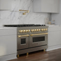 ZLINE Autograph Edition 48 in. 6.0 cu. ft. Legacy Dual Fuel Range with 7 Burner Gas Cooktop and 2 Electric Ovens in Stainless Steel and Polished Gold Accents, Open Box-Good Condition