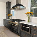 ZLINE Autograph Edition 48 in. 6.0 cu. ft. Legacy Dual Fuel Range with 7 Burner Gas Cooktop and 2 Electric Ovens in Stainless Steel with Black Matte Doors and Polished Gold Accents (RAZ-BLM-48-G) in a luxury kitchen with matching appliances.