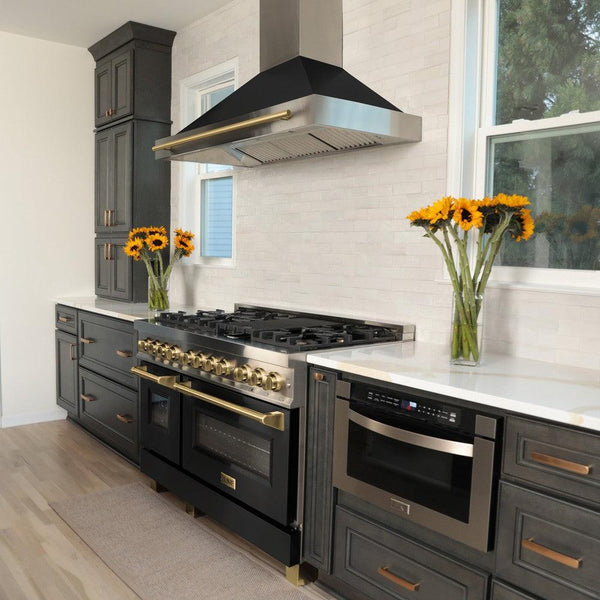 ZLINE Autograph Edition 48 in. 6.0 cu. ft. Legacy Dual Fuel Range with 7 Burner Gas Cooktop and 2 Electric Ovens in Stainless Steel with Black Matte Doors and Polished Gold Accents (RAZ-BLM-48-G) in a luxury kitchen with matching appliances.