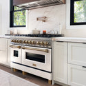 ZLINE Autograph Edition 48 in. 6.0 cu. ft. Legacy Dual Fuel Range with 7 Burner Gas Cooktop and 2 Electric Ovens in Stainless Steel with White Matte Doors and Champagne Bronze Accents, Open Box-Great Condition