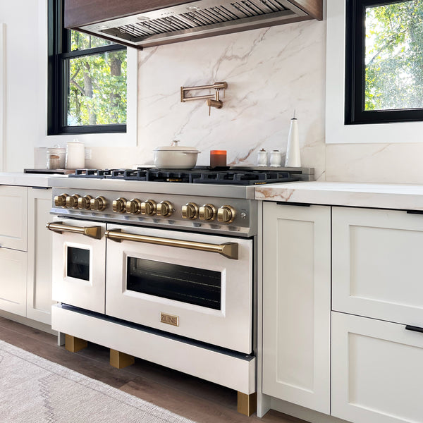 ZLINE Autograph Edition 48 in. 6.0 cu. ft. Legacy Dual Fuel Range with 7 Burner Gas Cooktop and 2 Electric Ovens in Stainless Steel with White Matte Doors and Champagne Bronze Accents, Open Box-Great Condition