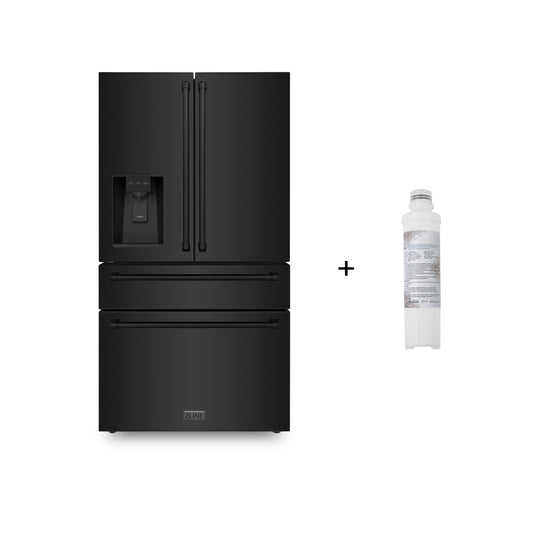 ZLINE 36 in. 21.6 cu. ft. Counter-Depth French Door Refrigerator with Water and Ice Dispenser with Extra Water Filter in Fingerprint-Resistant Black Stainless Steel (RFM-W-WF-36-BS)