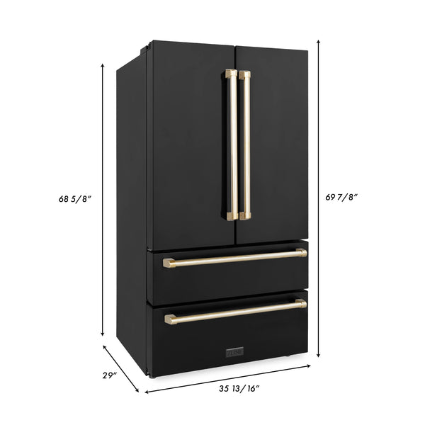 ZLINE Autograph Edition 36 in. 22.5 cu. ft. Counter-Depth French Door Refrigerator with Ice Maker in Fingerprint-Resistant Black Stainless Steel with Polished Gold Traditional Handles (RFMZ-36-BS-G)