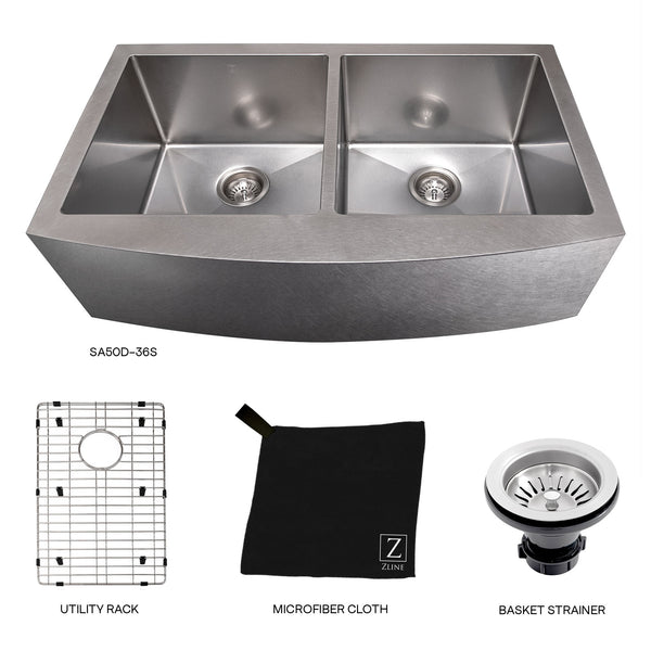 ZLINE 36 in. Niseko Farmhouse Apron Mount Double Bowl Kitchen Sink with Bottom Grid (SA50D)