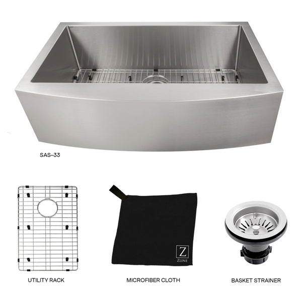 ZLINE 33 in. Vail Farmhouse Apron Mount Single Bowl Stainless Steel Kitchen Sink with Bottom Grid (SAS-33)