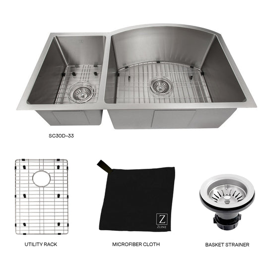 ZLINE 33 in. Aspen Undermount Double Bowl Stainless Steel Kitchen Sink with Bottom Grid (SC30D-33)