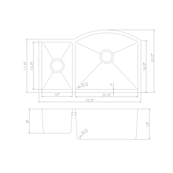 ZLINE 33 in. Aspen Undermount Double Bowl Stainless Steel Kitchen Sink with Bottom Grid (SC30D-33)