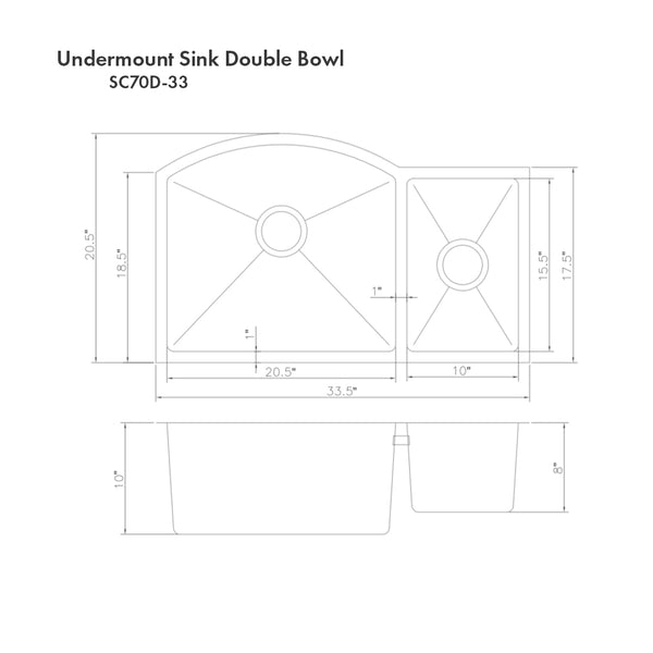 ZLINE 33 In. Under Mount Sink in Stainless Steel (Double Bowl) (SC70D-33)