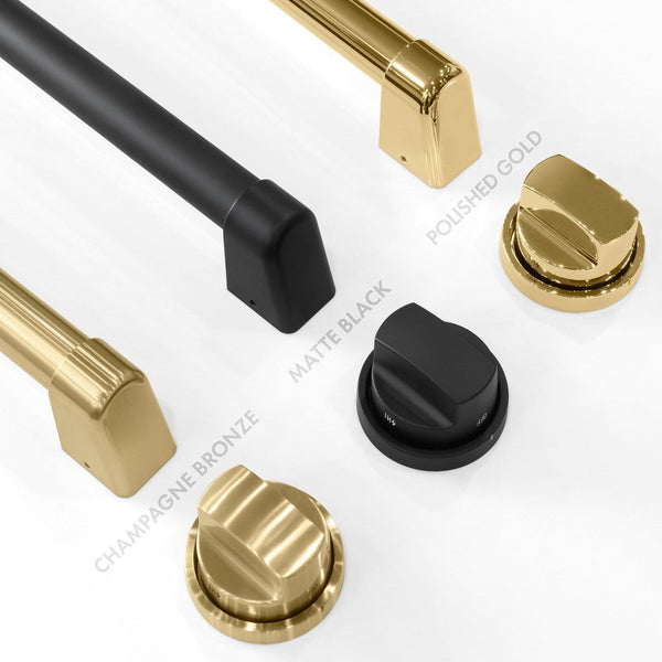 ZLINE Autograph Edition handle and knob finish comparisons. Left - Champagne Bronze. Center - Matte Black. Right - Polished Gold.