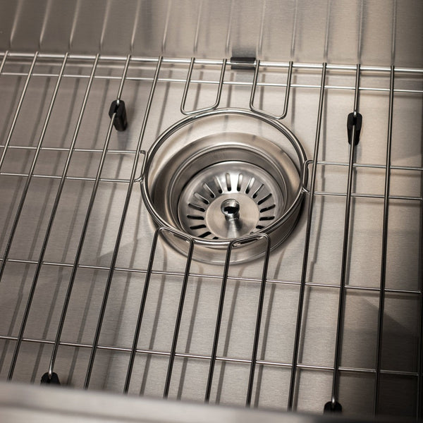 ZLINE Garmisch 30 in. Undermount Single Bowl Stainless Steel Kitchen Sink with Bottom Grid and Accessories (SLS-30) basket strainer and utility rack.