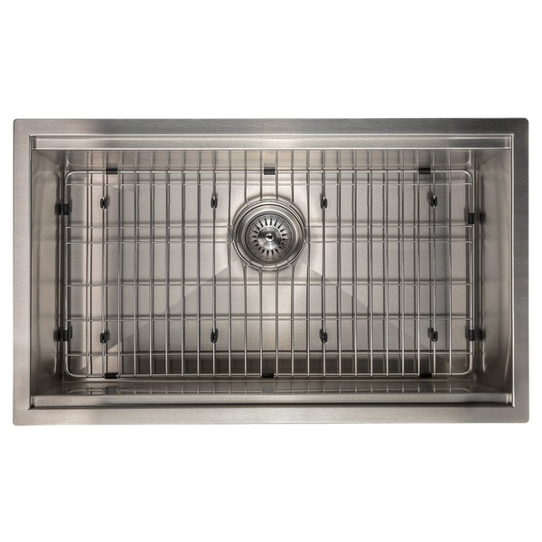 ZLINE Garmisch 30 in. Undermount Single Bowl Stainless Steel Kitchen Sink with Bottom Grid and Accessories (SLS-30) overhead, with grate.