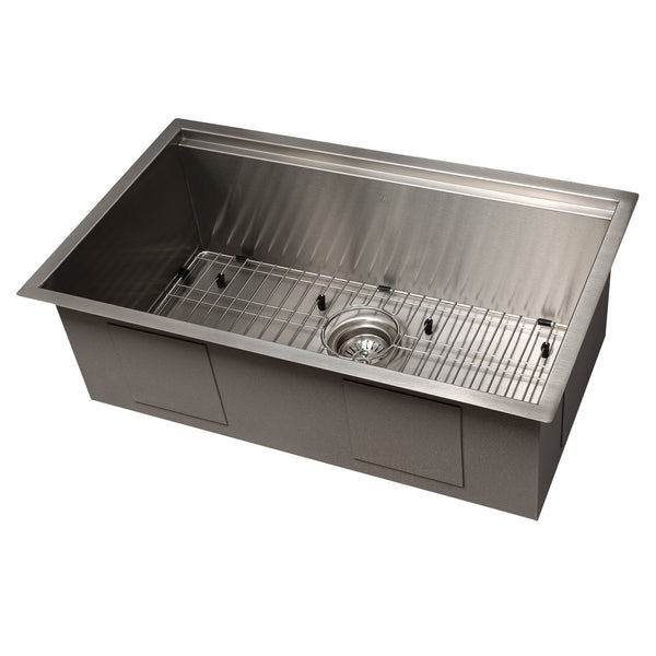 ZLINE Garmisch 30 in. Undermount Single Bowl Stainless Steel Kitchen Sink with Bottom Grid and Accessories (SLS-30) side, angled, with grate.