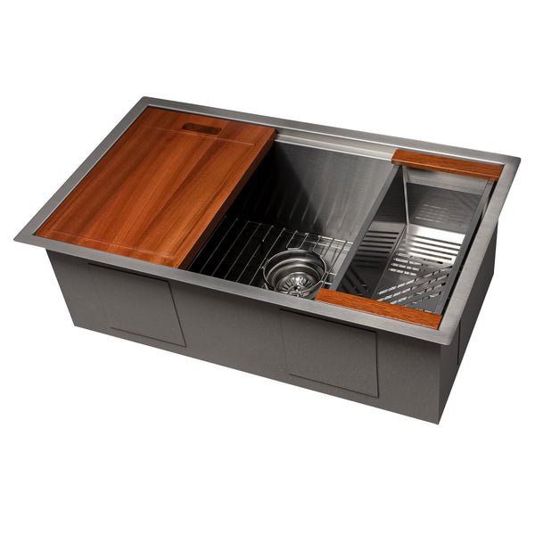 ZLINE Garmisch 30 in. Undermount Single Bowl Stainless Steel Kitchen Sink with Bottom Grid and Accessories (SLS-30) side, angled.