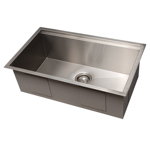 ZLINE Garmisch 30 in. Undermount Single Bowl Stainless Steel Kitchen Sink with Bottom Grid and Accessories (SLS-30) side, angled, no grate.