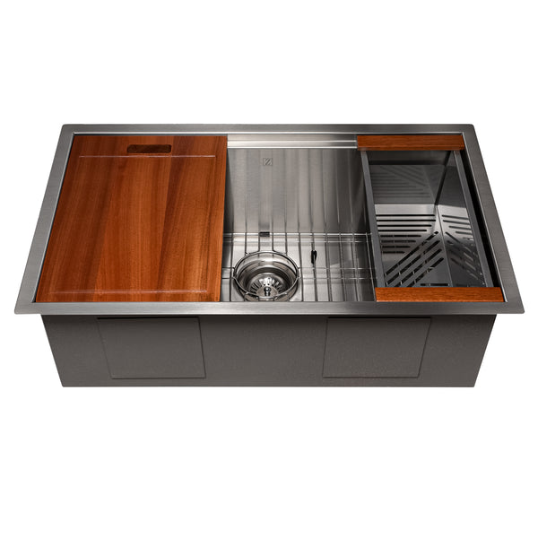 ZLINE 30" Garmisch Undermount Single Bowl Stainless Steel Kitchen Sink with Bottom Grid and Accessories (SLS-30)