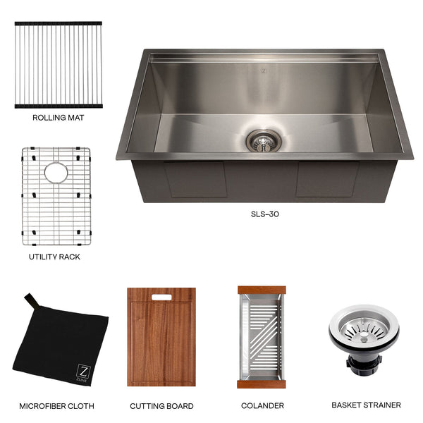 ZLINE Garmisch 30 in. Undermount Single Bowl Stainless Steel Kitchen Sink with Bottom Grid and Accessories (SLS-30) with included accessories.