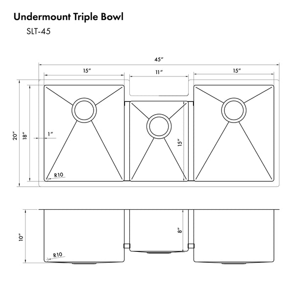 ZLINE 45 in. Breckenridge Undermount Triple Bowl Stainless Steel Kitchen Sink with Bottom Grid and Accessories (SLT-45)