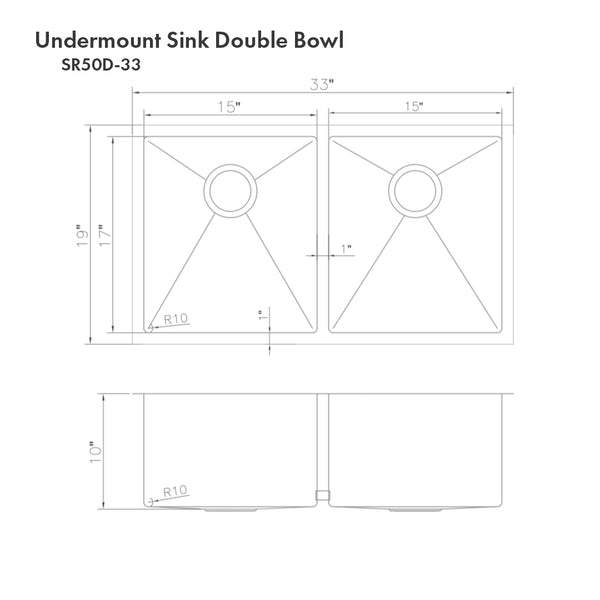 ZLINE 33 in. Anton Undermount Double Bowl Stainless Steel Kitchen Sink with Bottom Grid (SR50D-33)