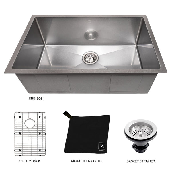 ZLINE 30 in. Meribel Undermount Single Bowl Satin Stainless Steel Kitchen Sink with Bottom Grid (SRS-30S)