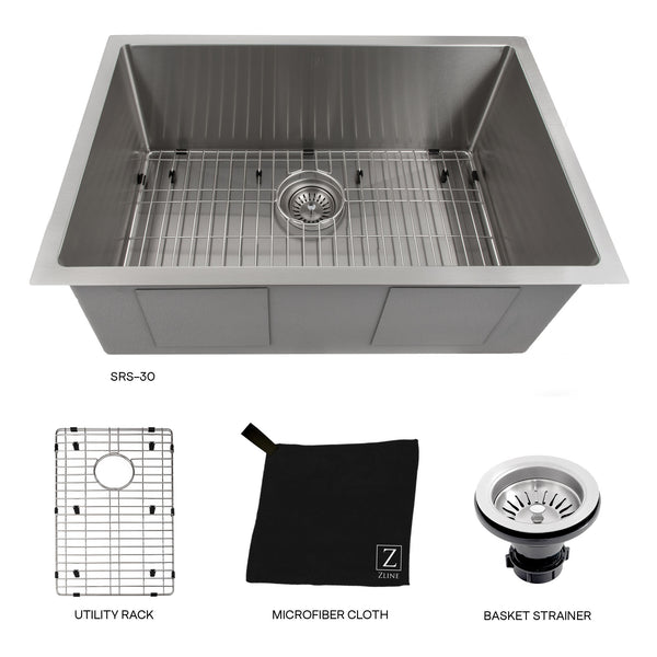 ZLINE 30 in. Meribel Undermount Single Bowl Stainless Steel Kitchen Sink with Bottom Grid (SRS-30)