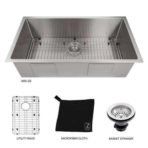 ZLINE 36 in. Meribel Undermount Single Bowl Stainless Steel Kitchen Sink with Bottom Grid (SRS-36)