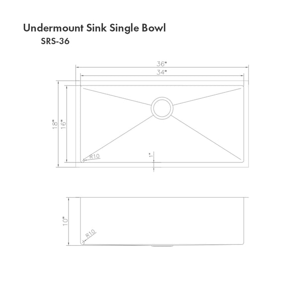 ZLINE 36 in. Meribel Undermount Single Bowl Stainless Steel Kitchen Sink with Bottom Grid (SRS-36)